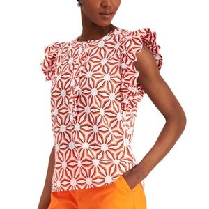 Charter Club Geometric Ruffle Sleeve Blouse - Red and White